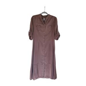 J. Jill Soft Tencel Buttondown Roll Tab Brown Prairie Midi Shirt Dress, Size 8